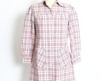 1970s Tunic Dress Plaid Cotton Shirtfront XS