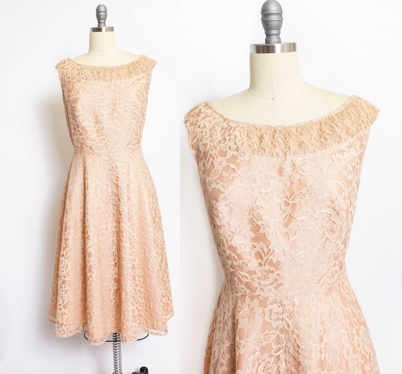 1950s Dress Beige Champagne Lace Cocktail Party La