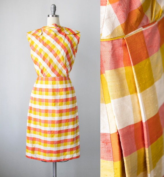 1960s Dress Autumnal Raw Silk Plaid S