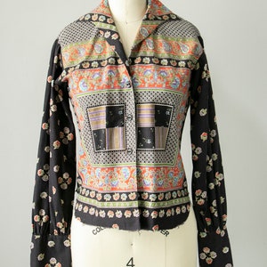 1970s Blouse Metallic Printed Cotton Top S