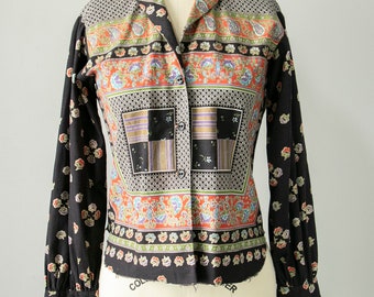 1970s Blouse Metallic Printed Cotton Top S