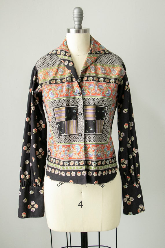 1970s Blouse Metallic Printed Cotton Top S