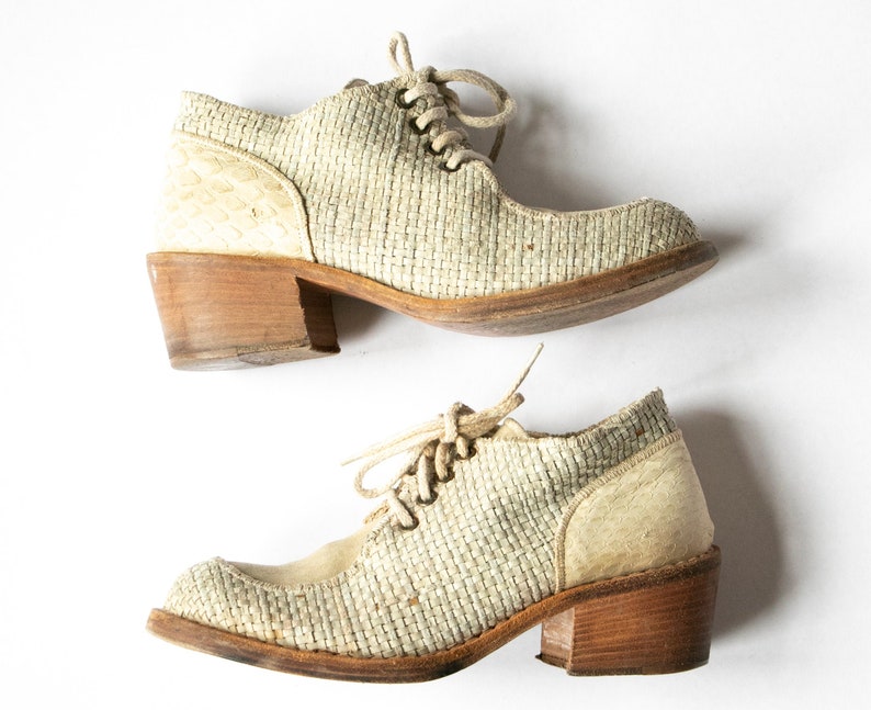 1990s Shoes Woven Leather Chunky Leather Ankle Booties Sz 37.5 image 1