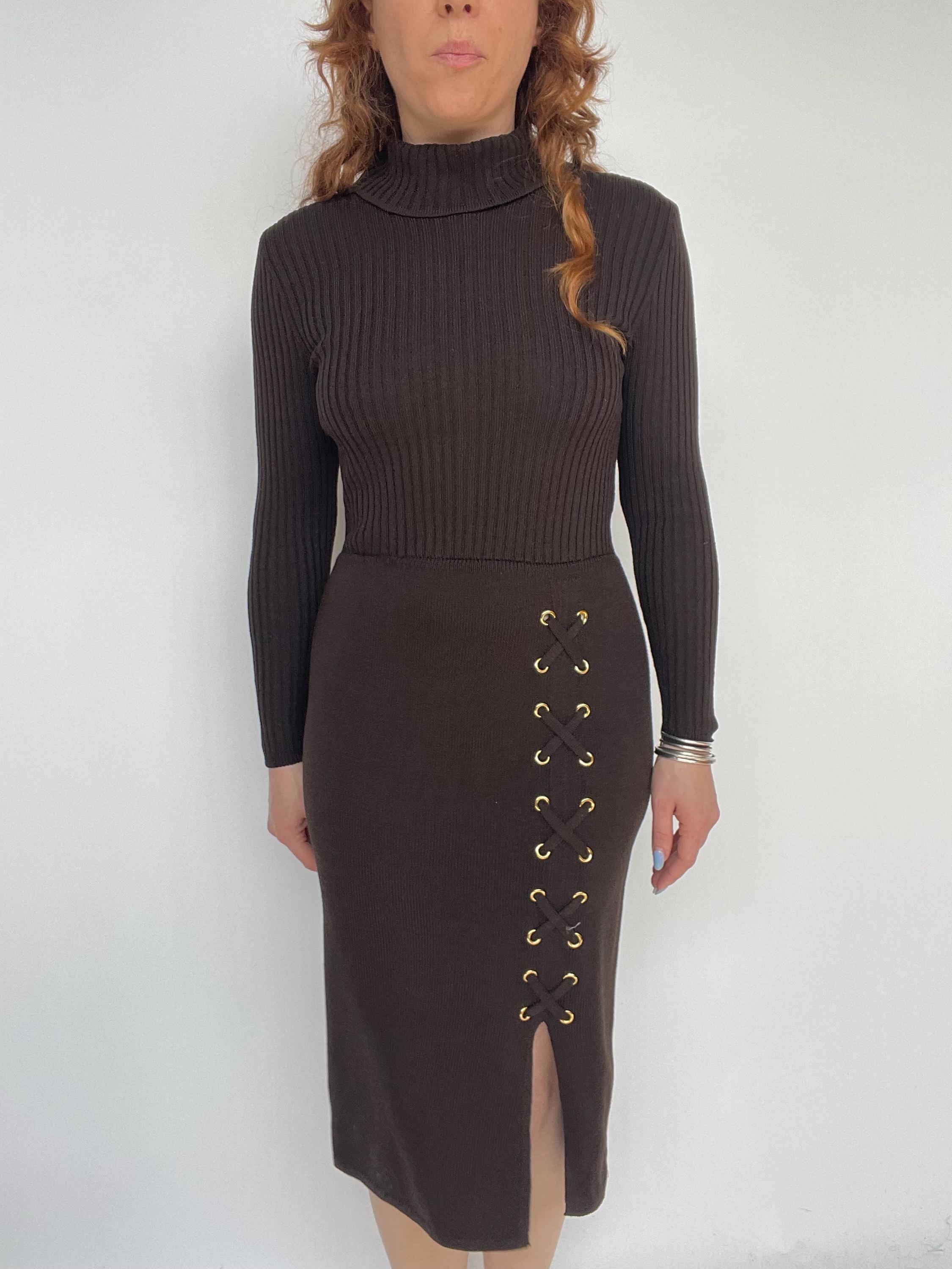 john brown dresses 1990s St. Dress Wool Knit XS 4 Elegant Wedding Guest SS26_May6 Color:Harvest Brown