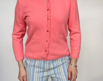 1960s Sweater Lamb Fur Wool Knit Cardigan Grapefruit Pink Neon M