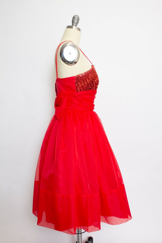 1950s Dress Red Chiffon Sequins Full Skirt S - image 3