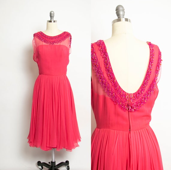 1960s Dress Fuchsia Chiffon Full Skirt Illusion Sm