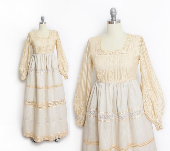 1960s Maxi Dress Boho Lace Wedding Gown Beige Smal