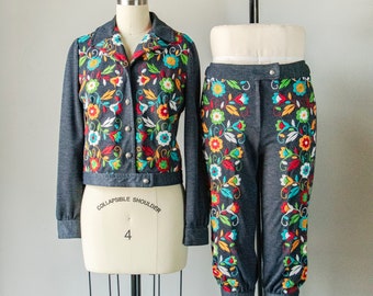 1970er Ensemble Stickmuster Jacke Hose Hose Set S
