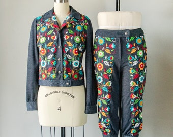 1970s Ensemble Embroidered Jacket Pants Set S