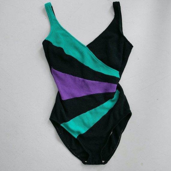 1990s Bathing Suit One Piece Color Block Swimsuit S /??? Gem