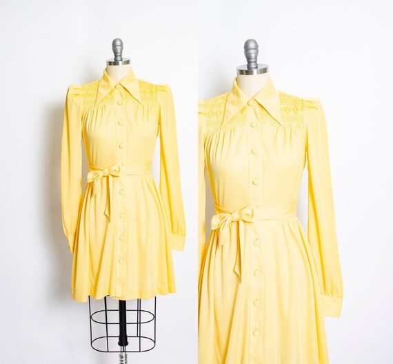 1970s Dress Young Innocent Yellow Smocked 40s does