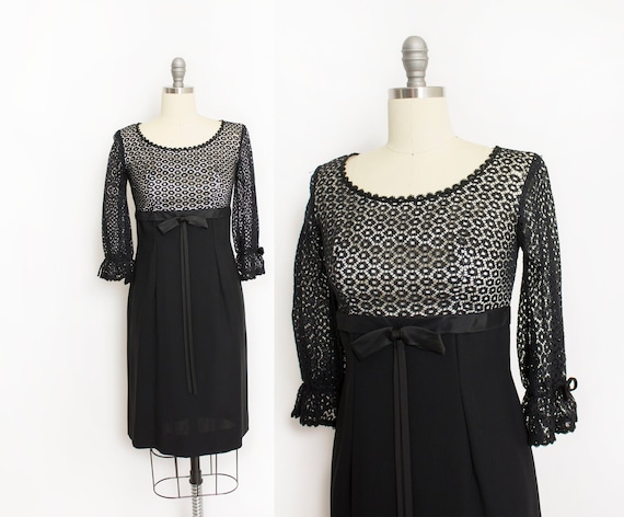 1960s Dress Black Lace Empire Waist Cocktail S - image 1