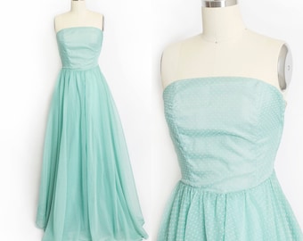 1950s Dress Sea Foam Flocked Polka Dot Gown S