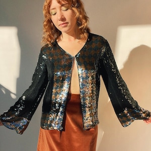 1980s Sequined Top Harlequin Embellished Cardigan M