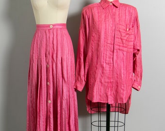 1980s Silk Ensemble Pink Blouse Skirt Set S