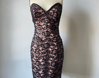 1980s Dress Tadashi Strapless Sweetheart Sequin Lace M