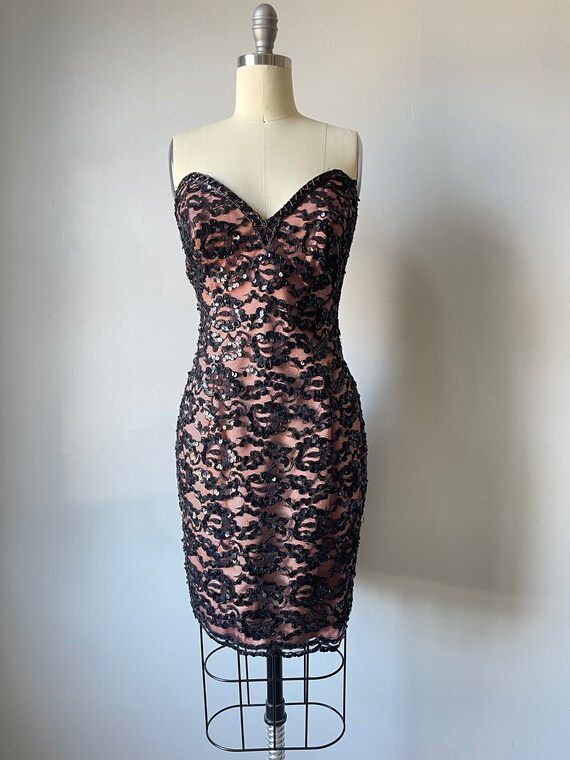 1980s Dress Tadashi Strapless Sweetheart Sequin L… - image 1