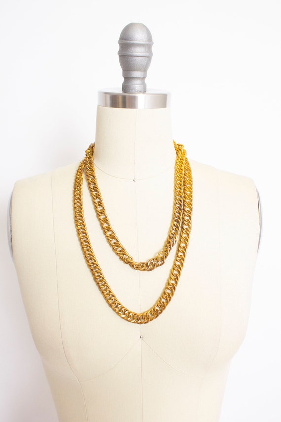 1960s Chain Necklace Gold Tone Oversized Long Gem
