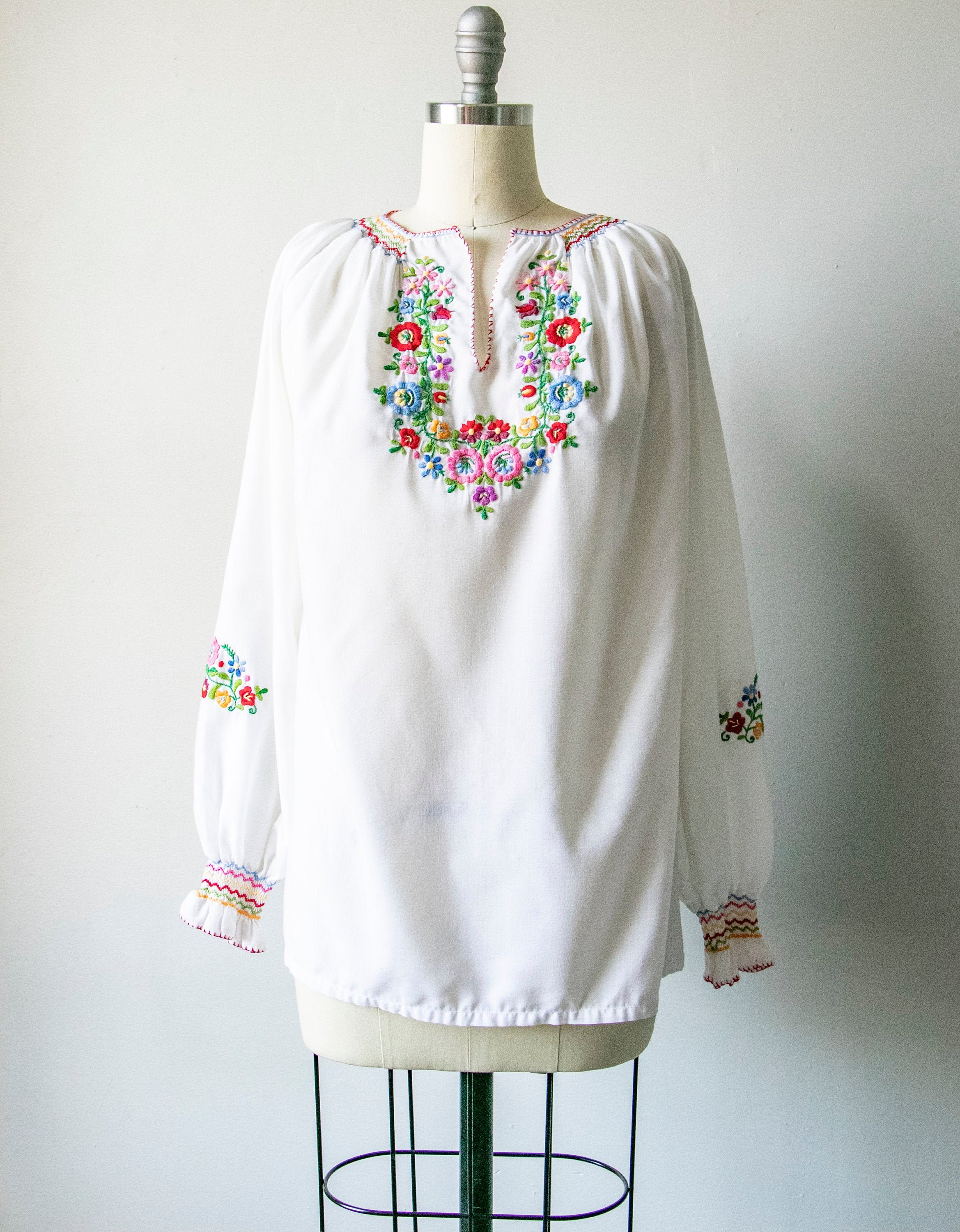 1970s Peasant Blouse Embroidered Floral Boho Top S | Etsy