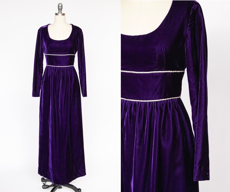 1960s Maxi Dress Purple Velvet Full Length M/S image 1