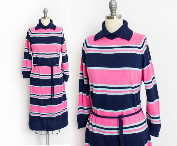 Vintage 1970s Sweater Dress Wool Pink Blue Striped