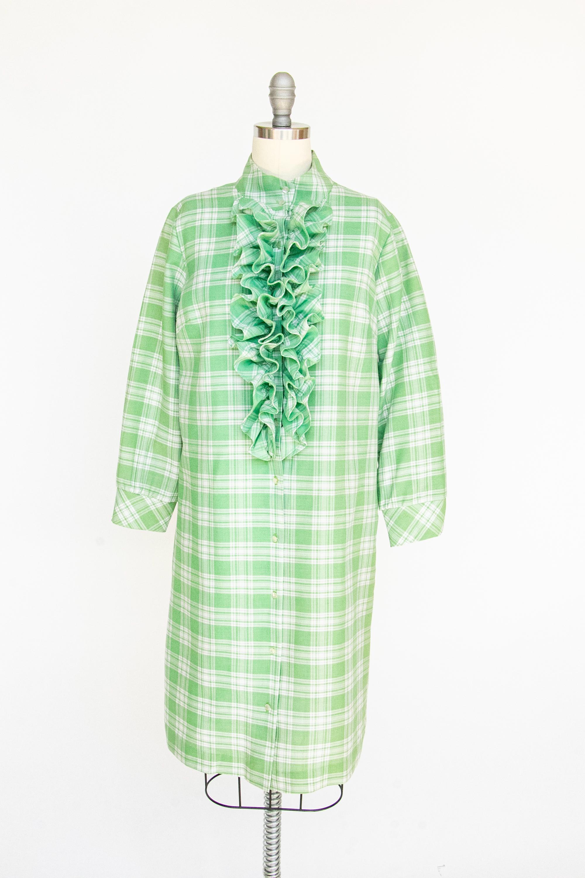 green and white shirt dress 1960s Ruffle Plaid Shift M Floral dresses
