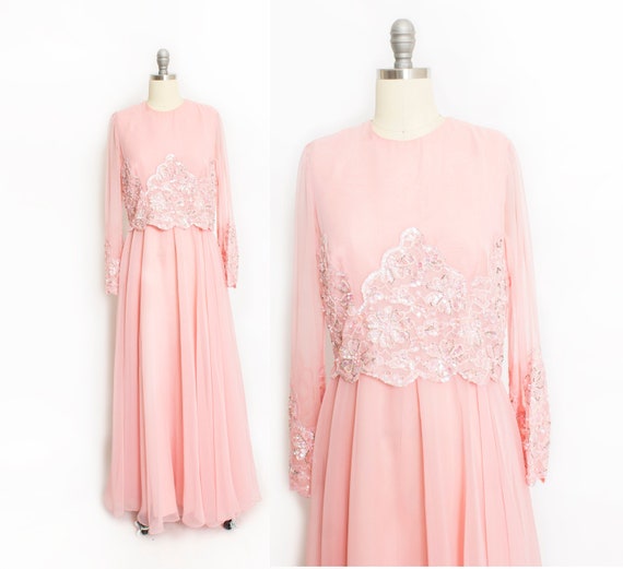 Vintage 1970s Dress Jack Bryan Chiffon Lace Beaded