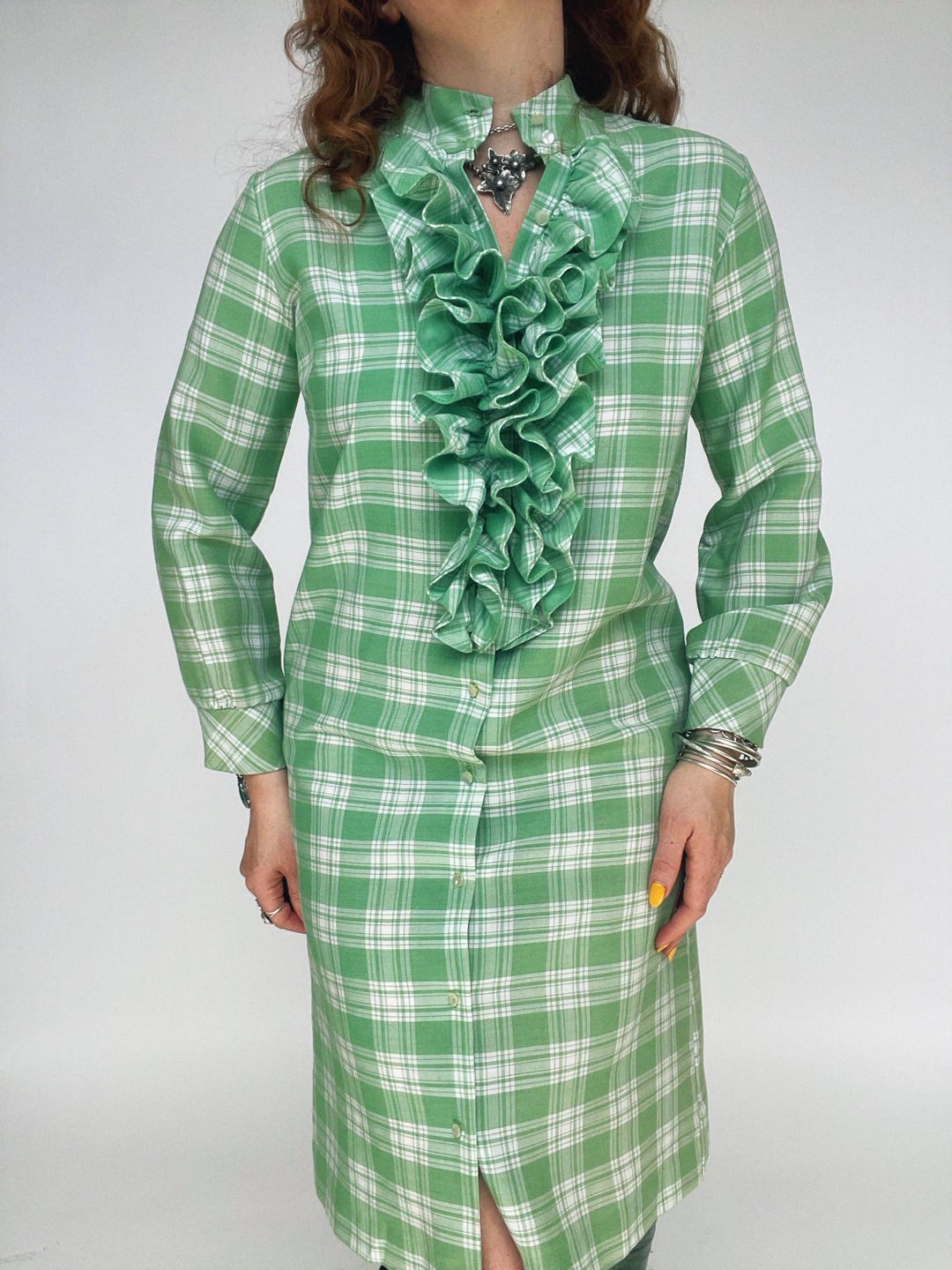 light green plaid dress 1960s Shirt Ruffle Shift M Womens\Clothing\Dresses