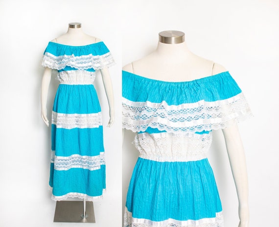 1970s Dress Mexican Lace Teal Maxi Off Shoulder L - image 1