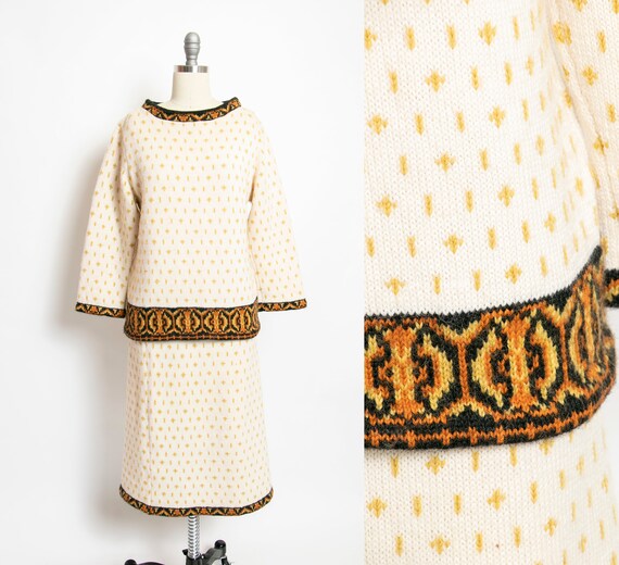 1960s Ensemble Wool Knit Skirt & Sweater Set S