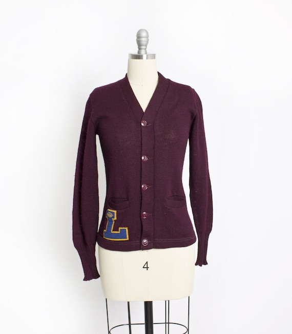 Vintage 50s Varsity Sweater Burgundy Wool Knit Let