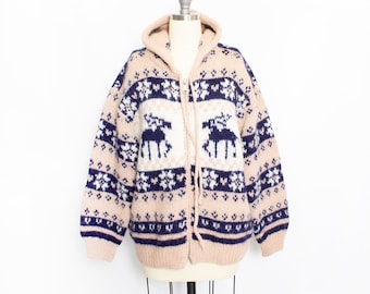 1970s Sweater HOODED Wool Snowflake Deer Knit S