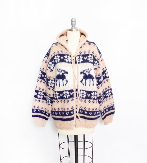 1970s Sweater HOODED Wool Snowflake Deer Knit S