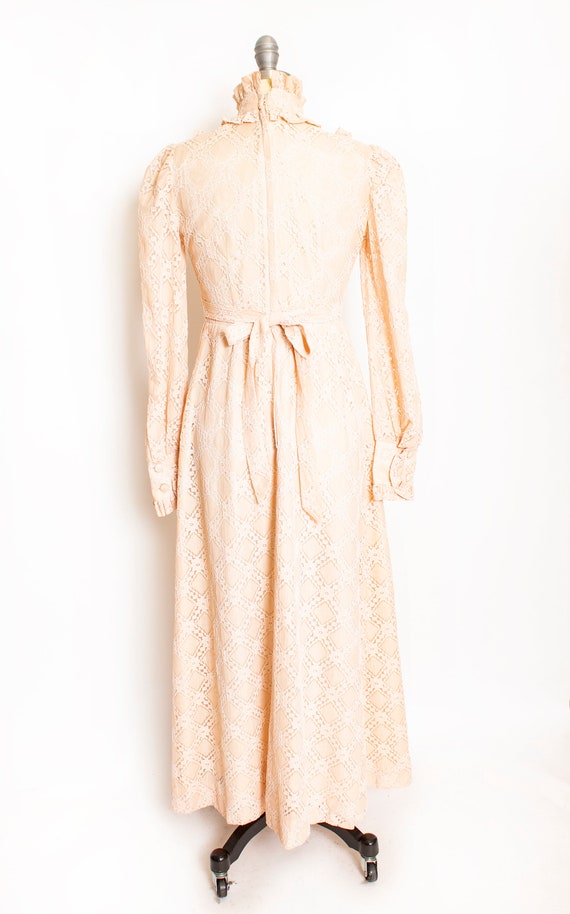 1970s Maxi Dress Beige Nude Lace Peasant Prairie S - image 2