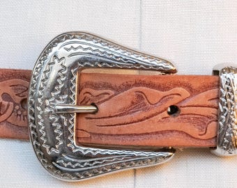 1970s Western Belt Tooled Leather Silver Buckle S