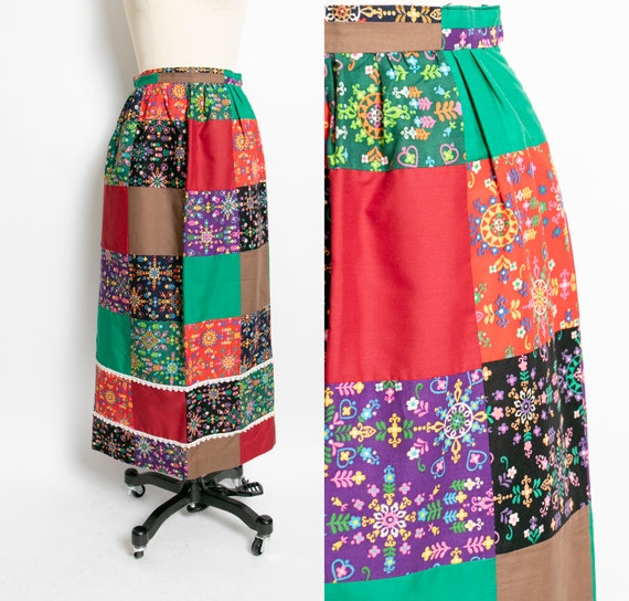 1970s QUILTED Patchwork 1970s Maxi Skirt XS