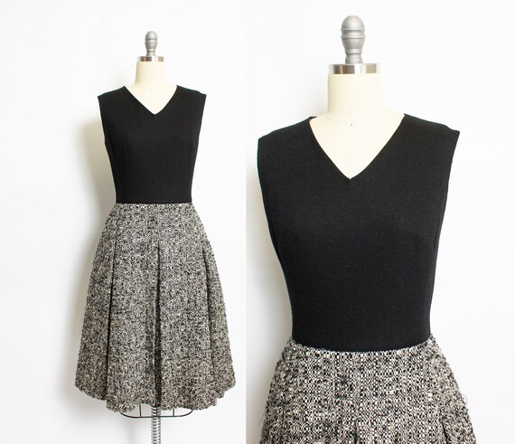 1960s Dress Black Wool Fleck Bouche Pleated M