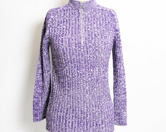1970s Sweater Knit Purple Heathered Zip Up S