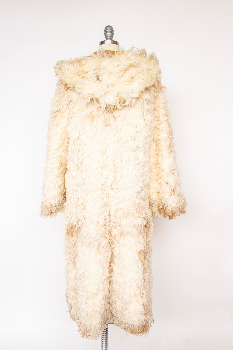 1970s Coat Leather Shearling Curly Fur Lamb Reversible Hooded M image 5