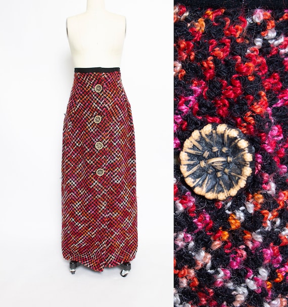 Vintage 1960s Knit Maxi Skirt Chunky Pink Wool Kni