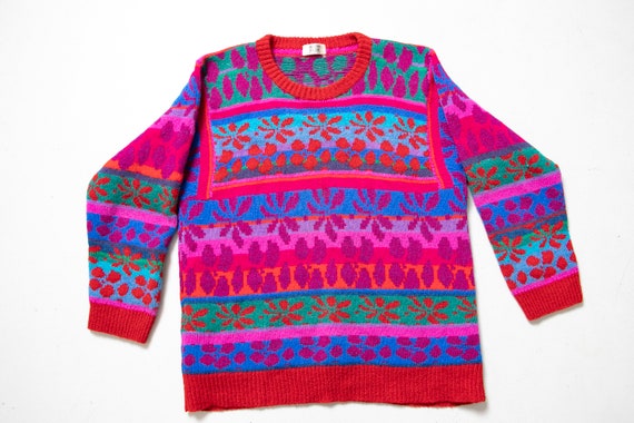 1990s Sweater Wool Bright Oversized Hand Knit M - image 6