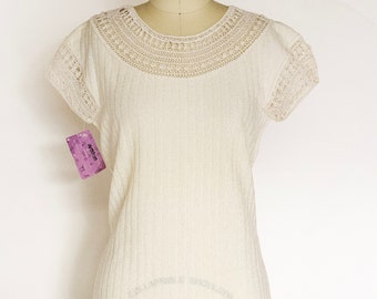 1950s Knit Top Cream Fitted Blouse S