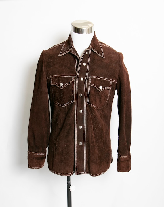 1970s Suede Jacket Brown Suede Leather Shirt 70s M