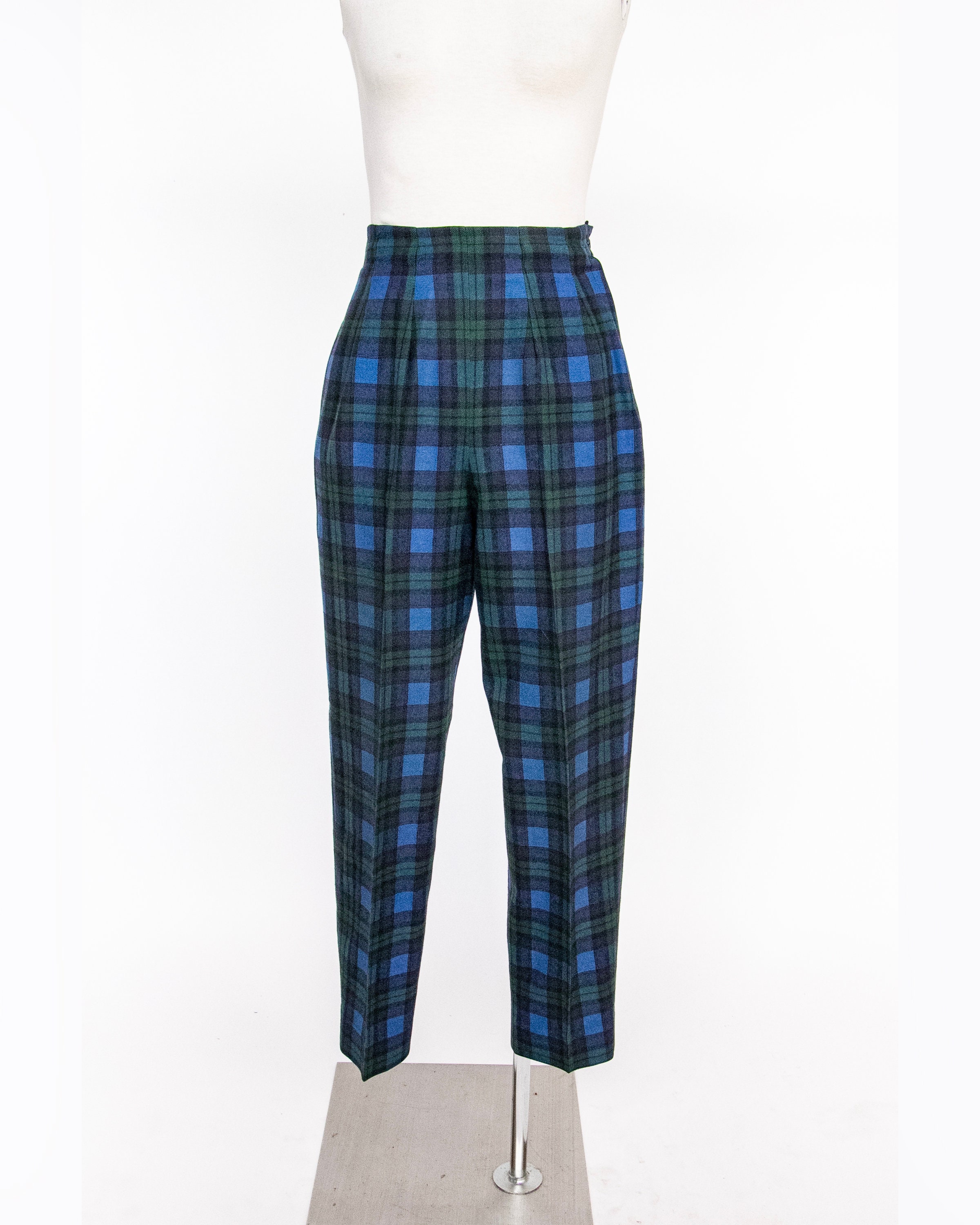 1960s Pants Wool Plaid High Waisted Cigarette Leg White Stag XS