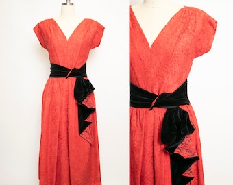 1950s Dress Red Lace Full Skirt Designer S