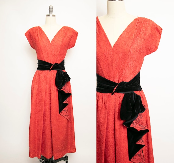 1950s Dress Red Lace Full Skirt Designer Party Sma