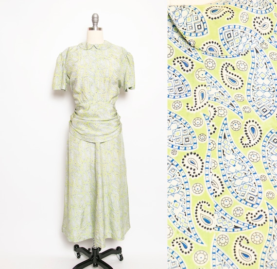 1940s Dress Rayon Green Paisley Medium