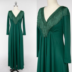 1970s Maxi Dress Green Fringe Boho Maxi S