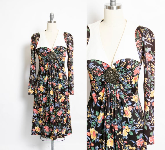 Vintage 1970s Dress Floral Collared Medallion Long